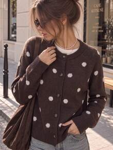 Women's Polka Dot Front Button Long Sleeve Cardigan - Dark Brown - View 4