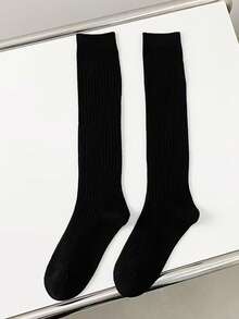 1 Pair Women's Solid Color Vertical Striped Calf Socks, High Tube Long Socks, Elastic Slimming Ribbed Long Socks, Black Grey White Versatile Preppy Style Warm Boot Socks, Autumn/Winter - Multicolor - View 5
