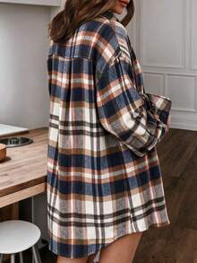 Plus Size Women Elegant Shirt Jacket - Button Front Plaid Lantern Sleeve Loose Version - Office Casual Top, Checkered Pattern Blouse Spring - Multicolor - View 7