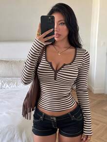 Women's Striped Long Sleeve V-Neck Ribbed Knit T-Shirt, Medium Stretch Regular Fit Top, Casual Autumn/Winter Outfit - Brown - View 3
