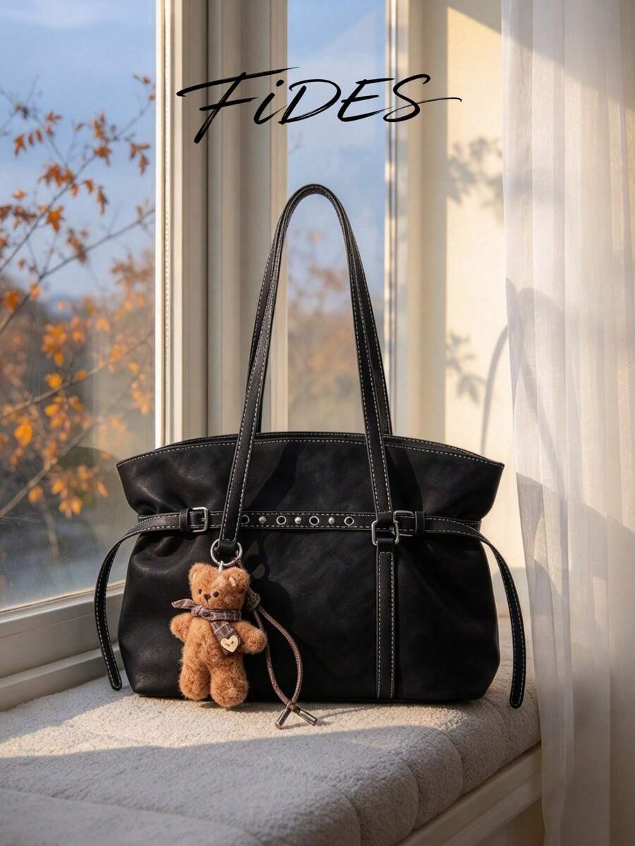 1PC Fashion Metal Buckle Decor PU Fabric Shoulder Underarm Large Capacity Tote Bag For Women, Cool Wide Strap With Bear Accessory, Versatile Solid Color, Suitable For Daily, Business Trip, Photography, Date, Travel And More