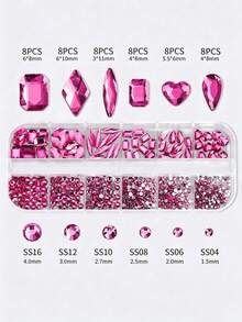 Random 12/6/4 Grid 3D Rose Red Nail Art Rhinestone Set, Mixed Color Shapes And Sizes Shiny Nail Decoration, Luxury Crystal Gemstone Embellishments, Multi-Purpose DIY Nail Supplies, Suitable For Press-On Nails And Handmade Press-On Nails - Hot Pink - View 4