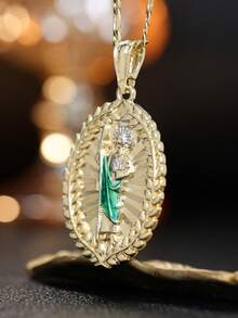 1pc 18K Gold Plated High Quality Wreath Border Multicolor Enamel Saint Jude Oval Pendant Necklace For Unisex Praying And Wearing In Daily Life - St. Jude - View 6