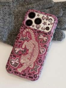 Niche Rose Pink Leopard Print Heart & Star Leopard Pattern Phone Case Compatible With Iphone 18 Pro Max, 17 New, 15 Pro, 16 PM, Full Coverage Protective Shell For Women - Pink - View 3