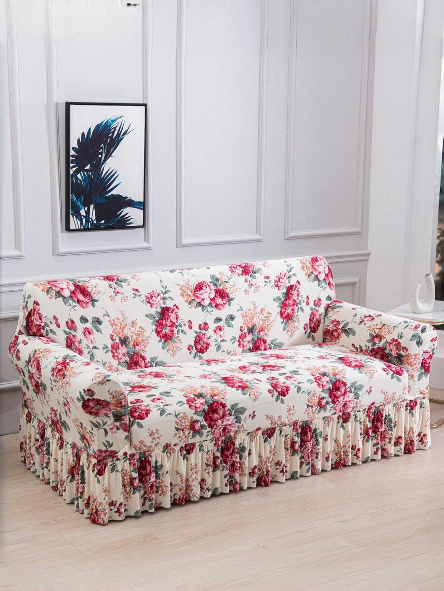 1pc Milk Silk Fabric Floral Printed Non-Slip Stretchy Sofa Cover, Colorful Skirt Design For Single/Double/Three/Four Seater Sofa, Pet Friendly, Suitable For Spring, Summer, Autumn, Winter
