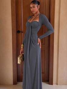 Strapless Bandeau Elegant Long Sleeve Dress, Pleated Draped Fitted Maxi Evening Gown - Grey - View 3