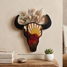 Bohemian Western Bull Head Wooden Wall Hanging Flower Rack, Handmade Layered Wood Craft Desert Sunset Cactus Pattern, Dried Flower Display Wall Storage Rack, Vintage Warm Tone Niche Home Decor Flower Stand - A - View 4