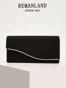 REMANLAND Luxury Solid Color New Women's Clutch Bag, Charming Fashion Flap Party Evening Bag, Perfect Wallet Design With Built-In Hidden Card Slot Compartment, Detachable Metal Chain Shoulder Strap, Suitable For Party, Evening, Gathering, Wedding And Other Occasions, Ideal Gift Choice - Black - View 1