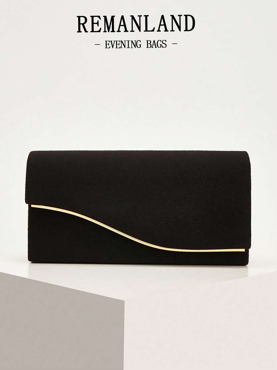 REMANLAND Luxury Solid Color New Women's Clutch Bag, Charming Fashion Flap Party Evening Bag, Perfect Wallet Design With Built-In Hidden Card Slot Compartment, Detachable Metal Chain Shoulder Strap, Suitable For Party, Evening, Gathering, Wedding And Other Occasions, Ideal Gift Choice - Black - View 1