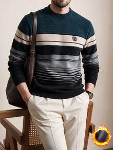 Green Men's Winter Thick Chenille Striped Knit Sweater - Cadet Blue - View 2