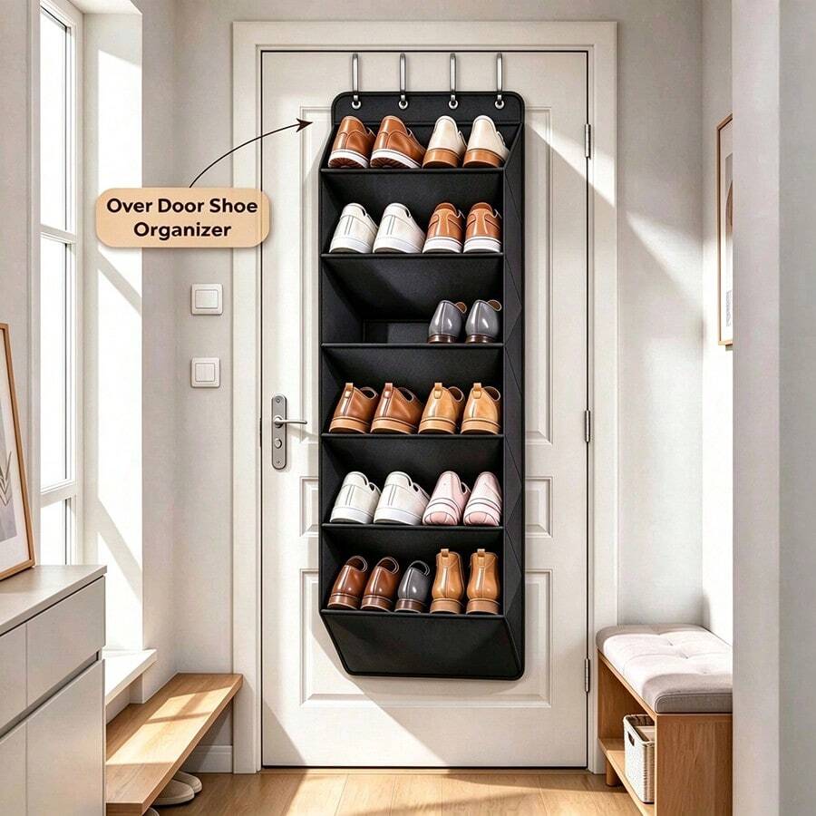 6-Tier Over-The-Door Shoe Organizer With Large Capacity Deep Pockets, Narrow Hanging Boot Storage Rack, Space-Saving Hanging Shoe Organizer For Closet And Dorm, Grey & Black
