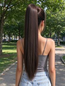 Claw Clip Ponytail Hair Extension Long Straight Black Brown 24 Inch Heat Resistant Fiber Clip-In Ponytail, Halloween - Black Brown - View 4