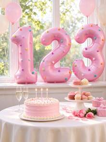 1 Set 32-Inch Pink Number Foil Balloon With Pom-Pom Decor – Self-Adhesive Colorful Pom Poms, Giant Mylar Digit Balloon 0-9 For Birthday Baby Shower Wedding Anniversary Party Decor - View 10