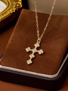 1pc Luxury Full Rhinestone Four-Leaf Clover Cross Pendant Necklace, Niche Design Rhinestone Collarbone Chain, Elegant Versatile European & American Style New Necklace - Full Diamond Cross Necklace - View 4