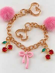 HAILIAN Sweet Pink Bag Charm Chain, Bow/Cherry/Heart Pendant, Gold Chain, Girly Handbag Accessory - Multicolor - View 8