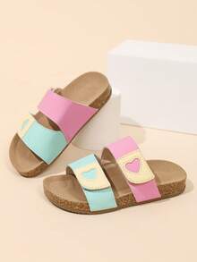 Summer Kids Colorblock Heart Decor Cork Sole Slippers, Girls Adjustable Hook & Loop Strap Slide Sandals For Outdoor - Pink - View 3