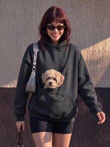 Pet Owner Essential, Women's Casual Fleece Loose Hooded Sweatshirt With Pockets, Pet-Friendly Design, Autumn/Winter Women's Outfit - Dark Grey - View 5
