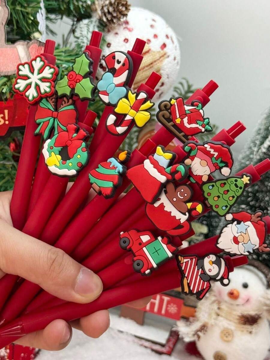 30 PCS Christmas Theme Ballpoint Pens, Random Styles Like Cartoon Gingerbread Man, Santa Claus, Snowflakes, Includes 10pcs Pens And 20pcs Refills - Multicolor - View 1