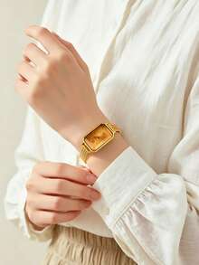 REBIRTH 1pc Women's Minimalist Fashion Versatile Retro Oval Roman Numeral Quartz Wrist Watch Commuter Accessory - Gold - View 6