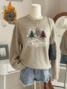 Christmas-Themed, Christmas Tree Print, Style, Casual And Comfortable Crew-Neck Sweater, Suitable For Autumn And Winter. - Earth Gray - View 9