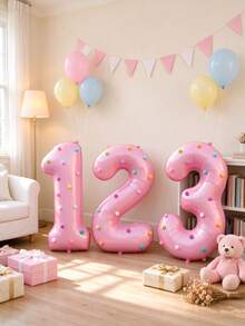 1 Set 32-Inch Pink Number Foil Balloon With Pom-Pom Decor – Self-Adhesive Colorful Pom Poms, Giant Mylar Digit Balloon 0-9 For Birthday Baby Shower Wedding Anniversary Party Decor - View 2