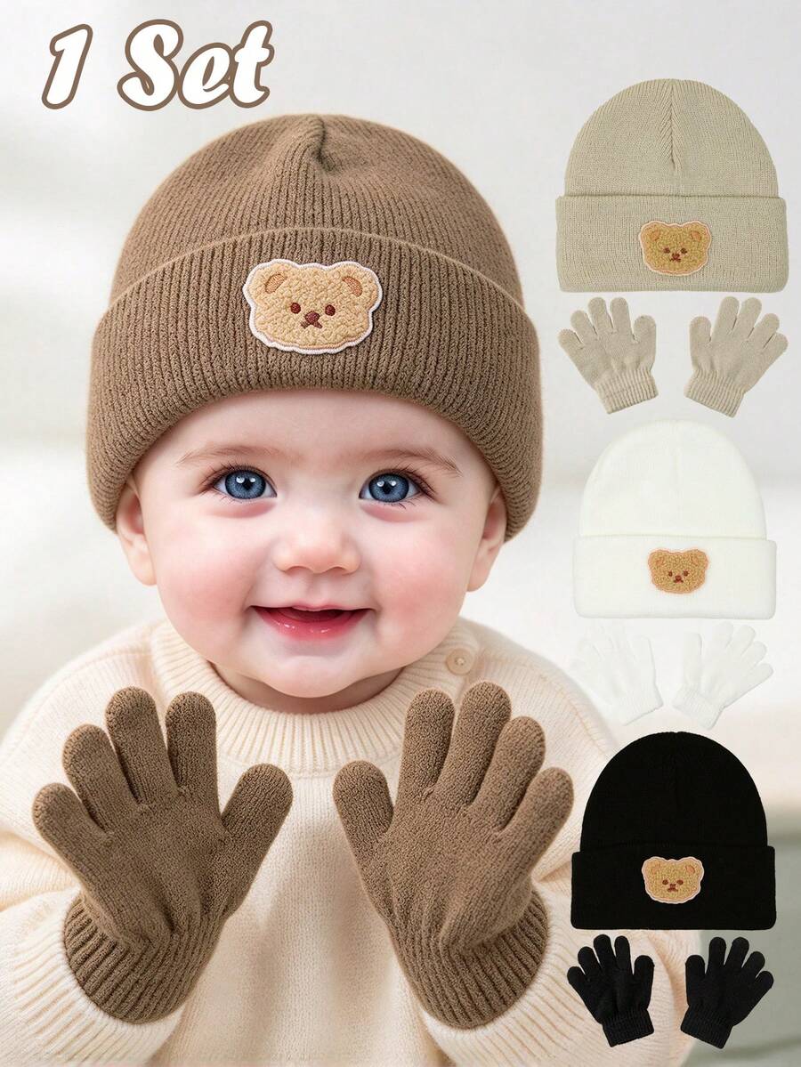 1 Set Bear Baby Plush Ball Knit Hat White, Comfortable Warm Winter Cute ...