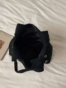 1件女款秋冬新款布料單肩托特包，時尚大容量，配有雞眼裝飾，適合購物、度假與旅行 - 黑色 - 查看 7