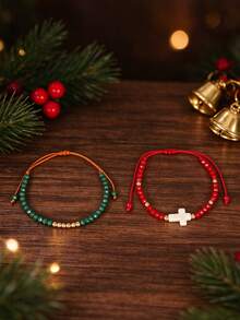 2pcs Christmas Color Cross Pendant Bracelet Set, Suitable For Women's Date, Friends Gathering, Party Layering - Multicolor - View 1