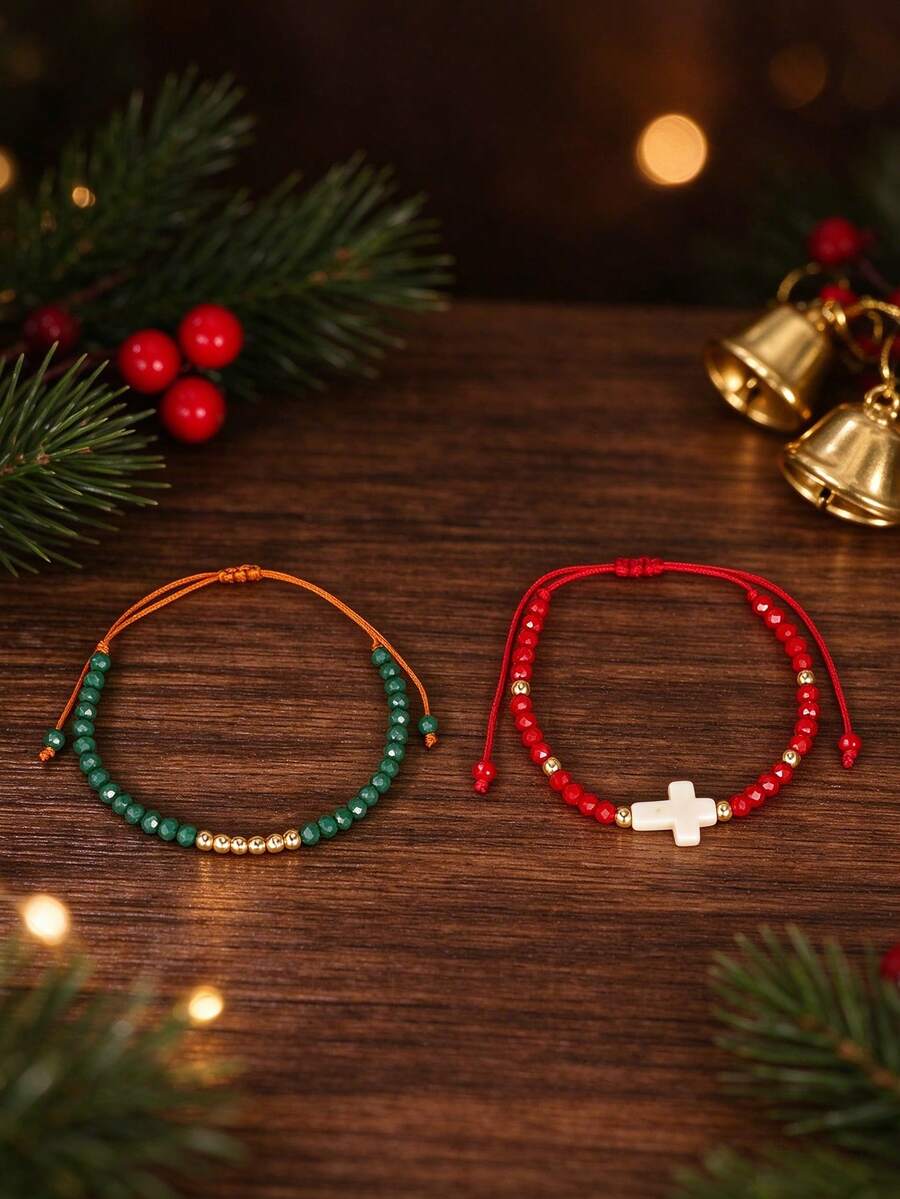 2pcs Christmas Color Cross Pendant Bracelet Set, Suitable For Women's Date, Friends Gathering, Party Layering - Multicolor - View 1