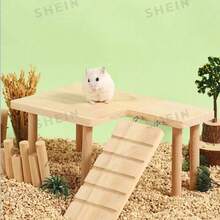 1 Set Solid Wood 2-Tier Platform Table With Climbing Ladder, Hideout House And Climbing Stairs For Hamsters, Gerbils, Guinea Pigs, Suitable For Small Pets, All Seasons - L - View 3