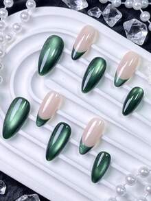 10pcs Handmade Press-On Nails, Short Autumn/Winter Manicure, Green Cat Eye Nails, Nude Beige Base With Metallic Green Cat Eye French Tips, Suitable For Cocktail Parties And Evening Dates, Mysterious Low-Key Luxury Style, Perfect For Fashion-Forward Young Women - Mint Green - View 10