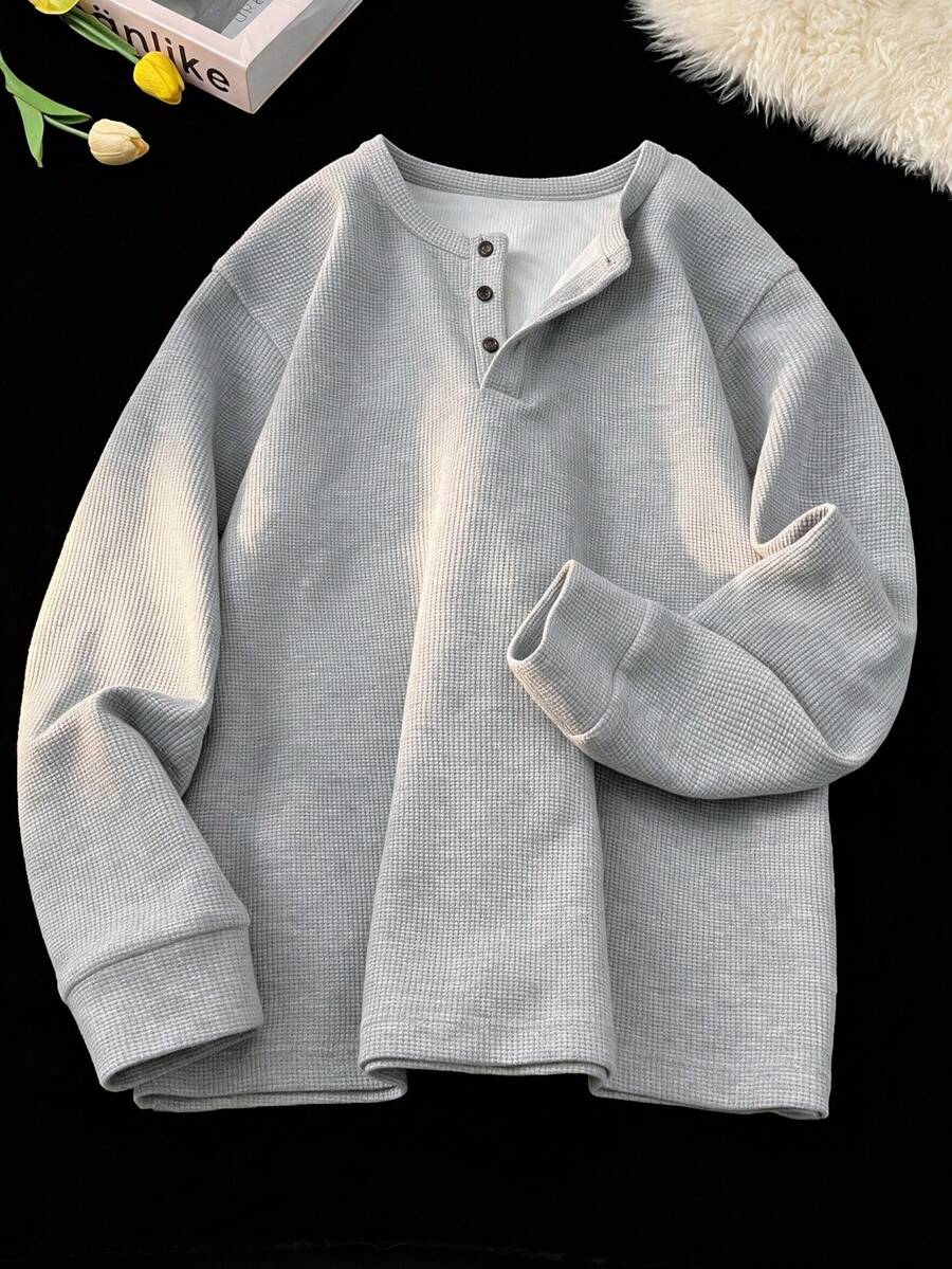 Blueprint Man 1pc Men's Henley Collar Waffle Knit Top, Waffle Knit Fabric, Comfortable Casual, Henley Collar, Easy To Style, Button Detail, Suitable For Daily Wear, Old Money Style - Grey - View 1