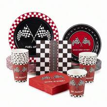 10pcs/20pcs/50pcs/Set, Racing Theme Disposable Plates And Napkins, Red Racing Party Supplies, Black Flag Pattern Plates, Racing Tableware, Suitable For Birthday, Newborn Party, Family Gathering Decoration - Multicolor - View 1