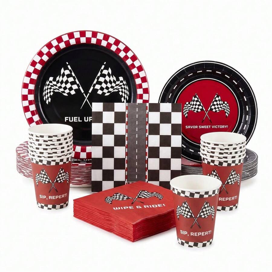 10pcs/20pcs/50pcs/Set, Racing Theme Disposable Plates And Napkins, Red Racing Party Supplies, Black Flag Pattern Plates, Racing Tableware, Suitable For Birthday, Newborn Party, Family Gathering Decoration - Multicolor - View 1