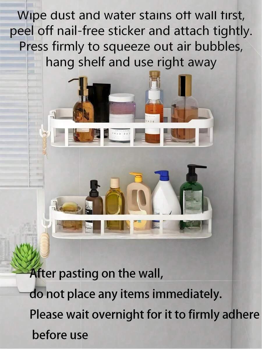 2pcs No-Drill Bathroom Storage Rack, Thickened Plastic Reinforced Bathroom Organizer Wall Mounted Hanging Shelf - View 1
