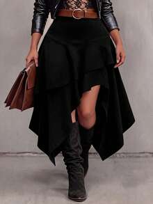 Women's High Waist Asymmetrical Skirt Asymmetrical Layered Ruffle Hem Midi Skirt Gothic Punk Style Flowy A-Line Skirts For Fall Winter Party Daily Wear - Black - View 1