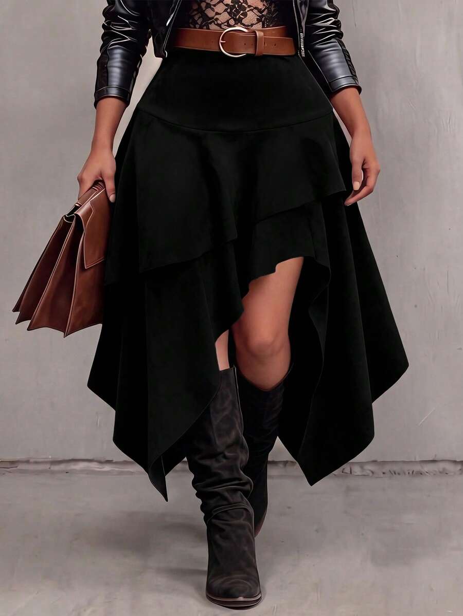 Women's High Waist Asymmetrical Skirt Asymmetrical Layered Ruffle Hem Midi Skirt Gothic Punk Style Flowy A-Line Skirts For Fall Winter Party Daily Wear - Black - View 1
