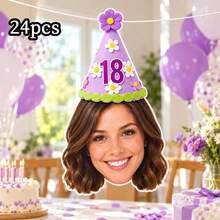 8/16/24pc Custom Face Photo & Text Birthday Banner, Personalized Portrait Cutout Bunting Garland With Number Party Hat, Milestone Birthday Party Decor,Photograph Backdrop - Multicolor - View 37