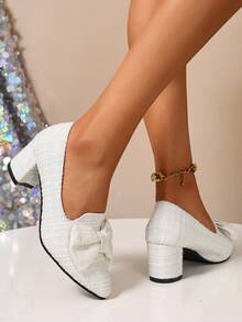 Women's White High Heel Pumps, Chunky Heel, Floral Wool Bow, Pointed Toe, Slip-On, Solid Color, Elegant Fashion Shoes For Spring/Autumn, Versatile For Dresses And Cheongsam - White - View 6