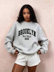 女款復古風「Brooklyn」圖案服飾，適合運動、戶外活動與休閒穿著，秋季與聖誕季節首選 - 淺灰色 - 查看 1