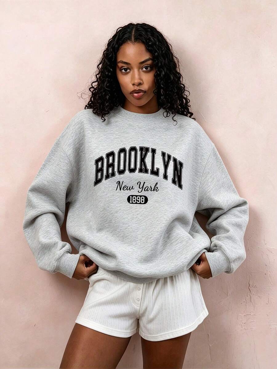 女款復古風「Brooklyn」圖案服飾,適合運動、戶外活動與休閒穿著,秋季與聖誕季節首選 - 淺灰色 - 查看 1
