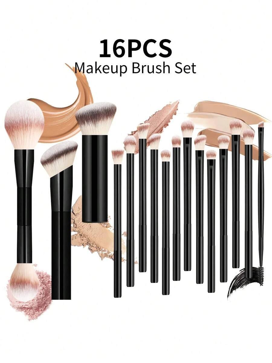 16pcs Multi-Function Makeup Brush Set, Dual-Ended Powder Brush, Angled Foundation Brush, Concealer Brush, Detail Eyeshadow Brush, Spiral Brow Brush, Suitable For Daily Commute Makeup And Party Makeup - Multicolor - View 1