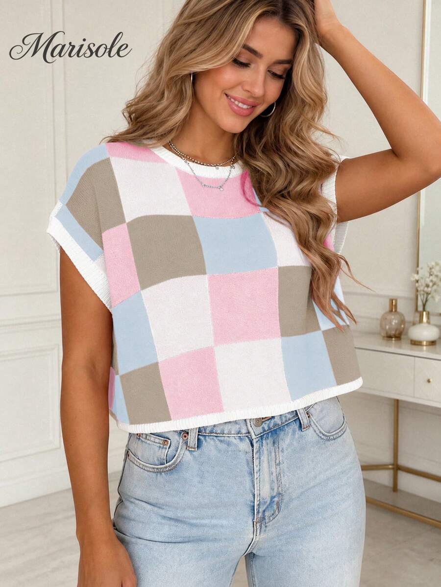 Marysol Women's Colorful Plaid Short Crop Top, Round Neck Short Sleeve, Fashion Casual Textured Contrast Color Block Batwing Sleeve Patchwork Knit Sweater T-Shirt, Spring/Summer/Autumn/Winter
