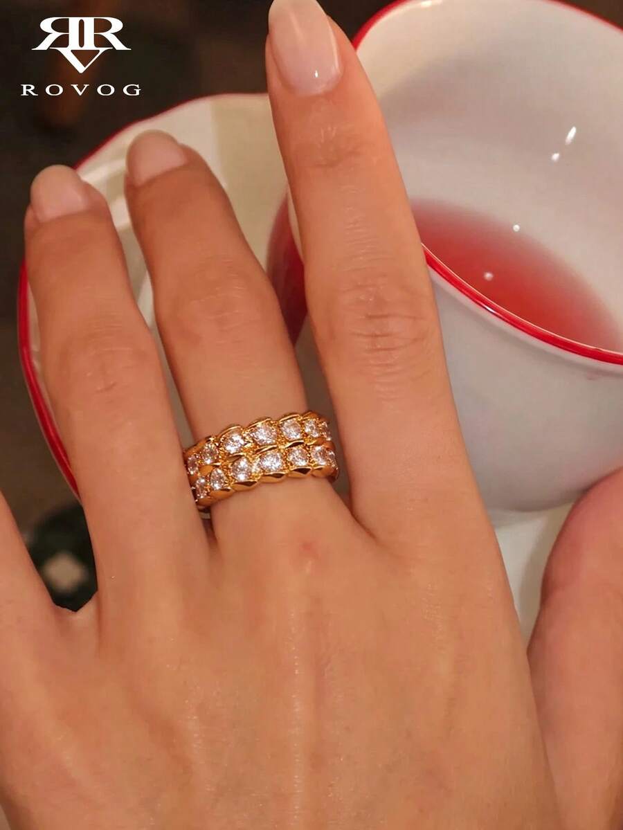 1pc Fashionable Luxury Cubic Zirconia Copper Alloy Open Single Ring, Suitable For Women's Casual And Party Wear - Yellow Gold - View 1