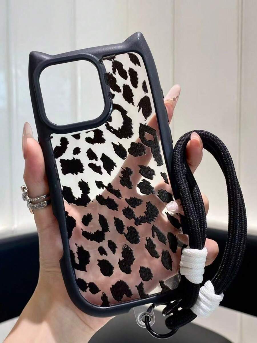1 Pack Black Cat Ear TPU Case, Leopard Print, Wrist Strap, Daily Use, Gift For Friends, Mom, Besties, Apple11,13,Apple16 Pro Max,Apple17,14 Pro Max,Apple15 ,14,17 Pro Max,18 Pro Max - Black - View 1