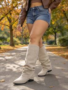 Minimalist Pleated Tall Riding Boots, Relaxed Slouchy Shaft Design, Suitable For Daily Wear And Outings, Can Be Used As Christmas And Halloween Costume Accessories - Beige Suede - View 1