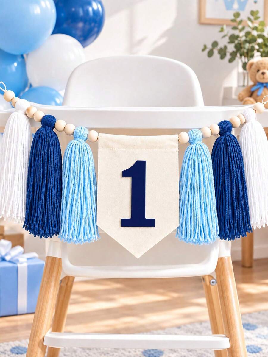 1set-1 Birthday High‑Chair Blue Banner, Tassel Garland, Perfect For Birthday Party Decorations And Photo Props - Navy Blue, Sky Blue, White - View 1