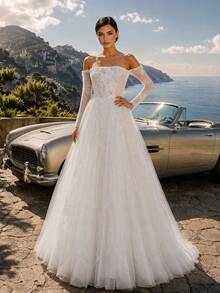 HEARBOBO Elegant 3D Floral Lace Applique Winter Christmas Dress, Luxury Mesh Wedding Gown With Train, Suitable For Engagement Occasions White - White - View 5