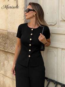 Marisol Women's Black Round Neck Button Hem Ribbed Luxury Fashion Vintage Minimalist Casual Daily Work Business Outing Knit Top, Suitable For Spring And Summer Seasons - Black - View 2