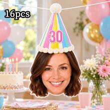 8/16/24pc Custom Face Photo & Text Birthday Banner, Personalized Portrait Cutout Bunting Garland With Number Party Hat, Milestone Birthday Party Decor,Photograph Backdrop - Multicolor - View 14